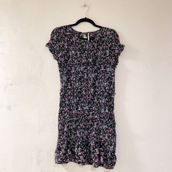 Free People Smocked Floral Mini Dress in Black Purple Medium - Picture 1 of 7